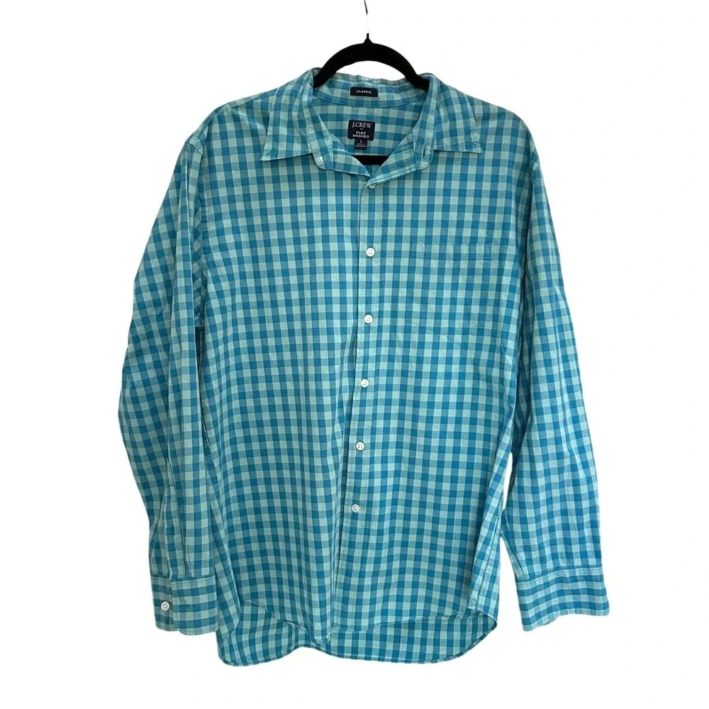 J Crew Classic Fit Flex Washed Gingham Long Sleeve Button Down Shirt‎ Cotton L